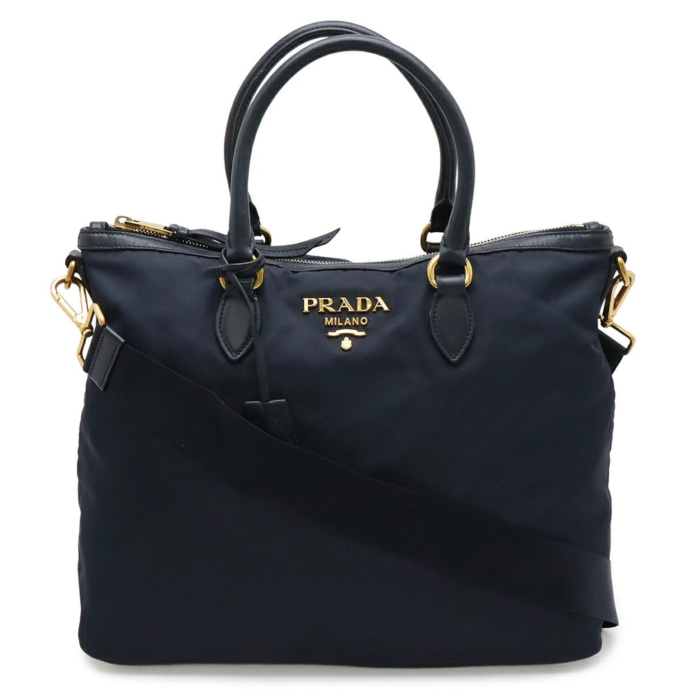 Prada Tote Tessuto Saffiano Bag Shoulder Handbag Leather Navy Blue